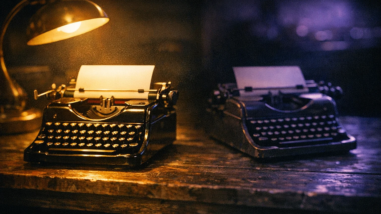 Two identical vintage typewriters on a workbench in warm lamplight, one worn smooth from use and one still dusty, against a deep purple background