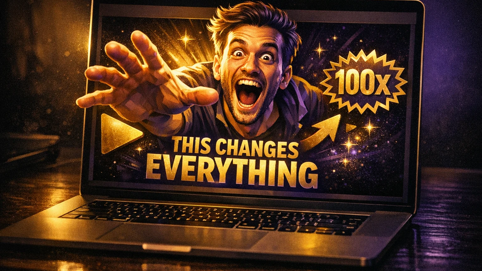 A laptop with its screen filling most of the frame, showing a clickbait video thumbnail in gold and purple as an over-excited cartoon presenter bursts out of the screen shouting THIS CHANGES EVERYTHING