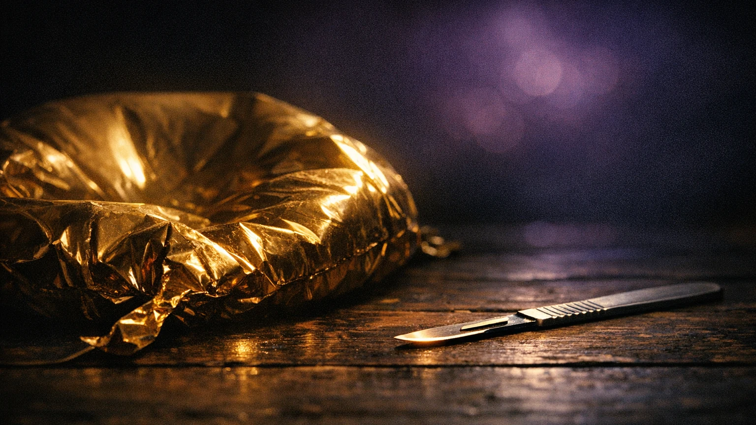 A shiny gold foil balloon sagging and deflating under a fading spotlight on dark wooden boards, next to a razor-sharp steel scalpel resting on the wood with its edge catching the light, deep purple shadows behind