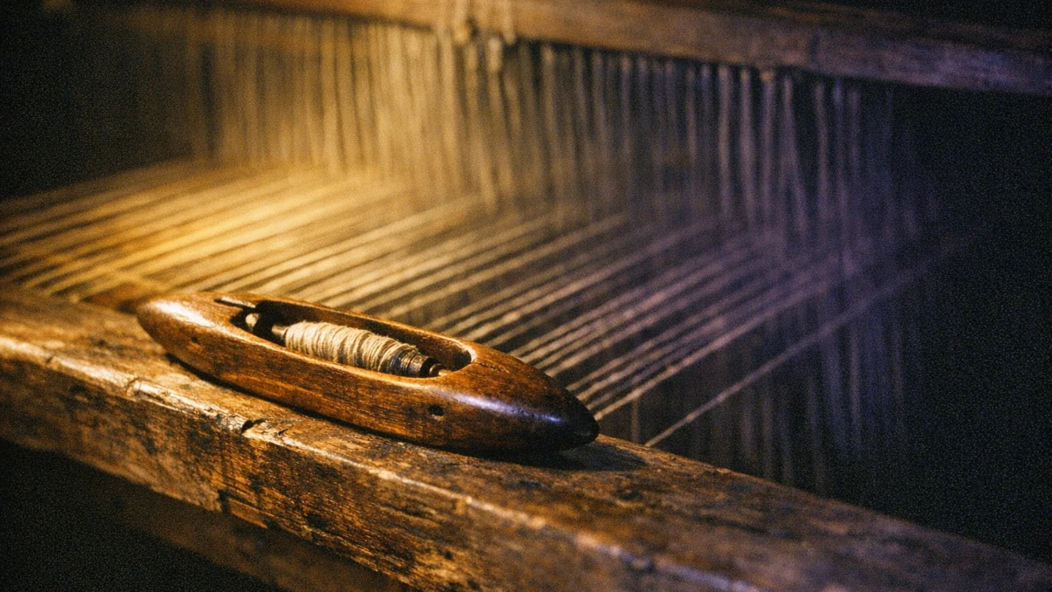 An antique wooden weaving shuttle resting on rough wood in warm lamplight, taut threads stretching into purple darkness