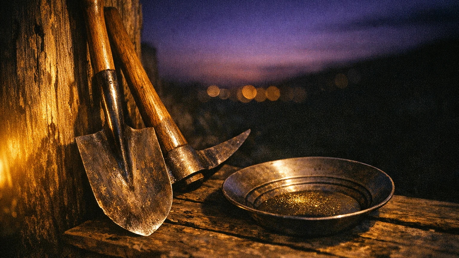 A worn shovel and pickaxe leaning against a wooden post beside a gold pan, lit by warm lantern light under a purple dusk sky